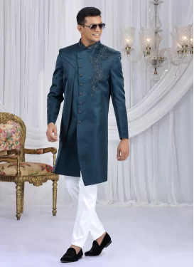Art Silk Wedding Sherwani in Teal and White with Cutdana Work for Men