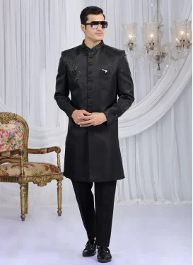 Art Silk Wedding Sherwani in Black with Cutdana Work for Men