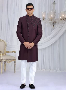 Art Silk Wedding Sherwani with Cutdana Work in White and Wine