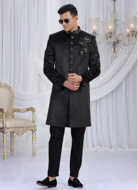 Black Velvet Cutdana Work Wedding Sherwani for Men
