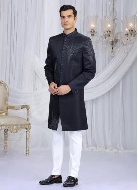 Art Silk Wedding Sherwani with Cutdana Work for Ceremonial in Navy Blue and White