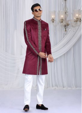 Velvet Wedding Sherwani with Cutdana Work for Men in Crimson and White