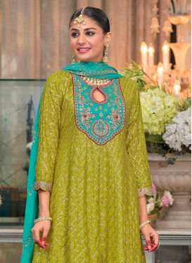 Chinon Punjabi Salwar Suit in Olive with Embroidered Work for Festival
