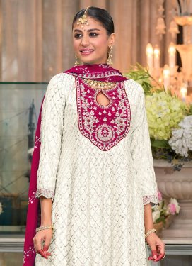 Chinon Punjabi Salwar Suit with Embroidered Work for Women in Off White