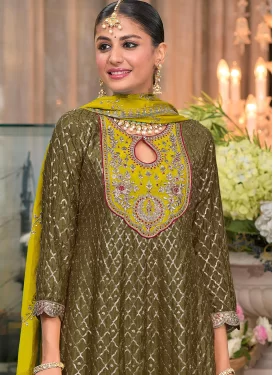 Chinon Embroidered Work Punjabi Salwar Suit in Olive