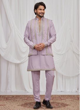 Mauve Fancy Fabric Beads Work Kurta Pajama With Jacket for Men