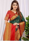 Woven Work Bottle Green and Red Trendy Classic Saree - 1
