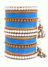 Dignified Gold and Light Blue Gold Rodium Polish Bangles For Festival - 1