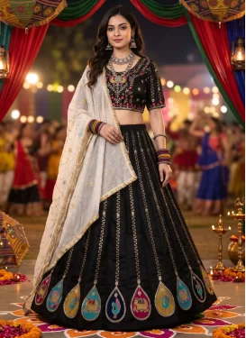 Embroidered Work Vichitra Silk Readymade Lehenga Choli in Black for Women