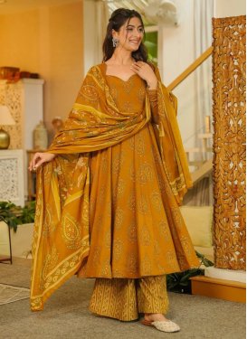 Digital Print Work Maslin Palazzo Suit in Mustard for Women