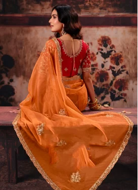 Peach Organza Traditional Saree with Beads Work for Festival