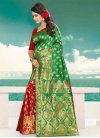 Banarasi Silk Green and Red Thread Work Half N Half Saree - 1