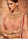 Beguiling Embroidered Work Peach Faux Georgette Long Length Designer Suit - 1
