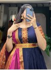 Cotton Blend Fuchsia and Navy Blue Readymade Long Length Gown - 1