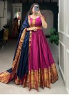 Fuchsia and Navy Blue Cotton Blend Readymade Trendy Gown - 1