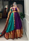 Woven Work Cotton Blend Purple and Teal Readymade Floor Length Gown - 1