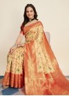 Cream and Red Banarasi Silk Designer Contemporary Style Saree - 1
