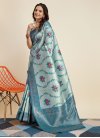 Teal and Turquoise Woven Work Art Silk Trendy Classic Saree - 4