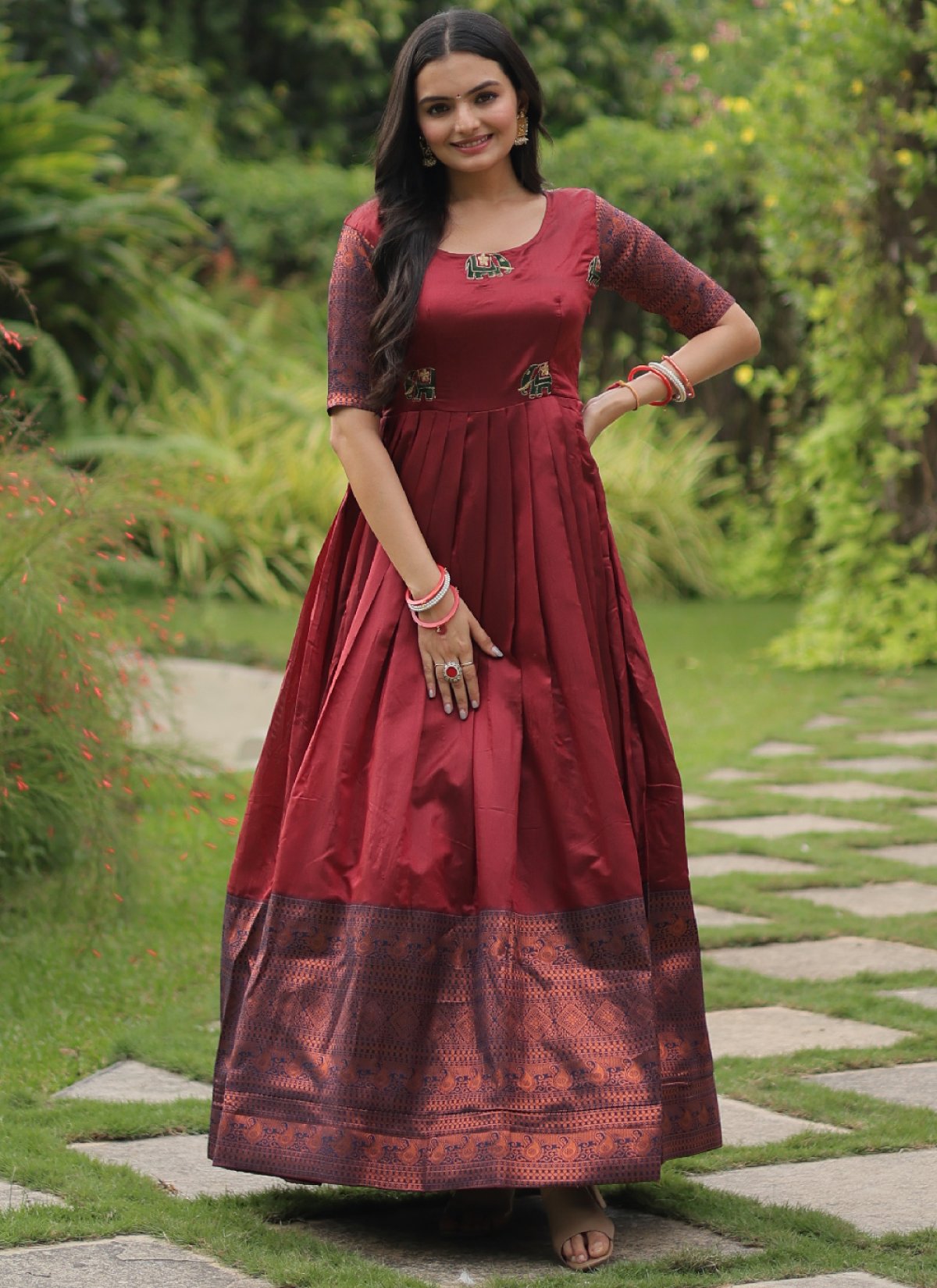 Buy Banarasi Silk Readymade Long Length Gown For Festival Online