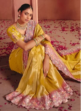 Silk Classic Saree with Embroidered Work for Ceremonial in Mustard and Pink