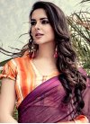 Awesome  Orange and Purple Faux Georgette Print Work Trendy Saree - 1