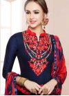 Navy Blue and Red Embroidered Work Designer Semi Patiala Suit - 1