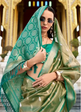 Tissue Trendy Saree with Woven Work in Aqua Blue and Olive