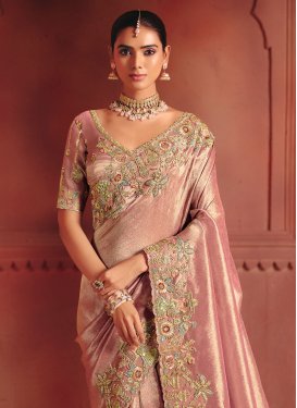 Salmon Silk Classic Saree with Embroidered Work for Bridal