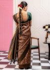 Brown and Green Print Work Designer Contemporary Style Saree - 1