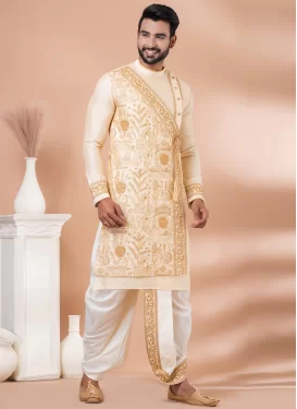Viscose Dhoti Kurta with Embroidered Work in Cream and White
