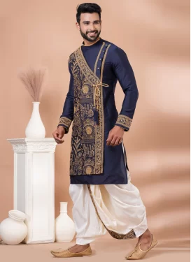 Navy Blue and White Viscose Embroidered Work Dhoti Kurta for Men