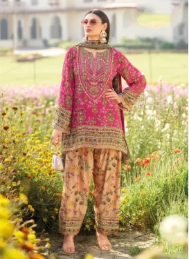 Digital Print Work Chinon Punjabi Salwar Suit in Cream and Rose Pink for Women
