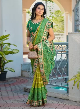 Chiffon Trendy Saree with Bandhani Print Work for Ceremonial in Green and Olive