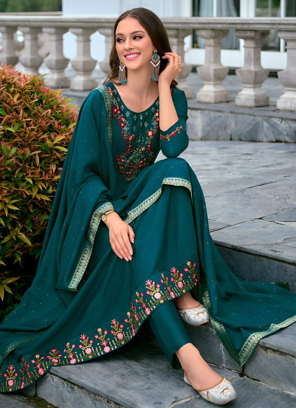 Pastel Green Vichitra Silk Embroidered Cape Anarkali Suit Set