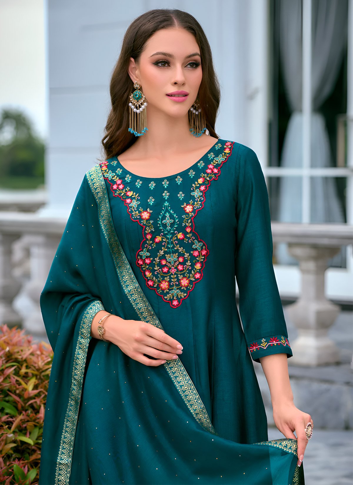 Pastel Green Vichitra Silk Embroidered Cape Anarkali Suit Set main image 1