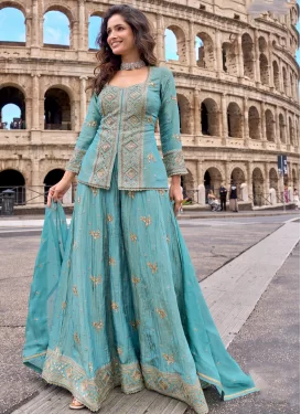 Chinon Palazzo Suit with Embroidered Work for Women in Aqua Blue