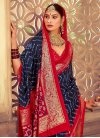 Navy Blue and Red Print Work Designer Contemporary Style Saree - 1