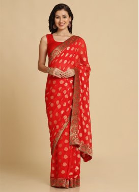 Lace Work Brasso Classic Saree in Red for Women