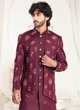 Silk Jodhpuri Suit with Resham Work in Crimson for Party