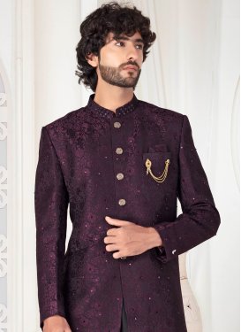 Jacquard Silk Jodhpuri Suit with Resham Work in Black and Purple