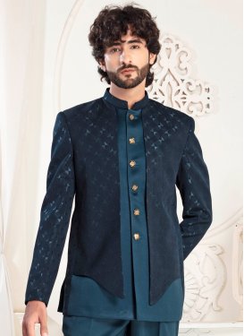 Woven Work Jacquard Silk Jodhpuri Suit in Navy Blue and Teal for Men