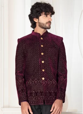 Rayon Jodhpuri Suit with Embroidered Work in Black and Maroon