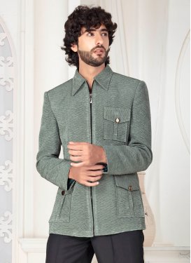 Woven Work Fancy Fabric Jodhpuri Suit in Black and Sea Green for Men