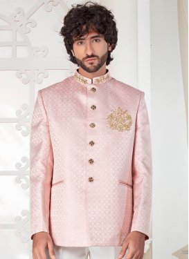 Pink and White Jacquard Silk Jodhpuri Suit with Woven Work for Party