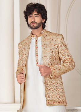 Beige and White Silk Jodhpuri Suit with Embroidered Work for Festival