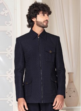 Navy Blue Fancy Fabric Jodhpuri Suit with Resham Work for Festival