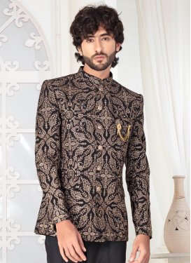 Silk Jodhpuri Suit in Black with Embroidered Work for Men