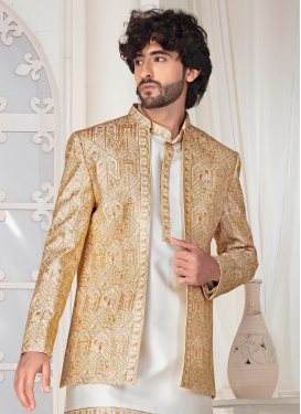 Silk Jodhpuri Suit with Embroidered Work for Men in Beige and White