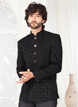 Black Fancy Fabric Jodhpuri Suit with Cutdana Work for Festival