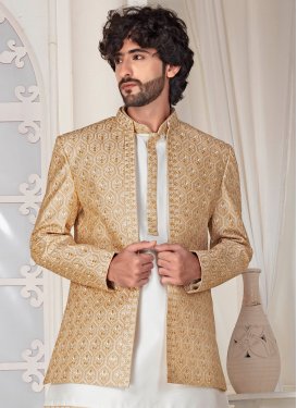 Rayon Jodhpuri Suit with Embroidered Work for Festival in Beige and White